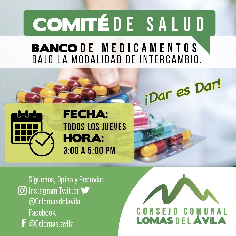 Banco de Medicamentos Lomas del Ávila

Listado de medicamentos.💊
(Bajo la modalidad de intercambio)
Atención al Público:
Lugar: Parque La Julia
Día y fecha: Todos los jueves
Horario: 3:00-5:00pm
Listado del Jueves: 17/08/2023*
Te esperamos