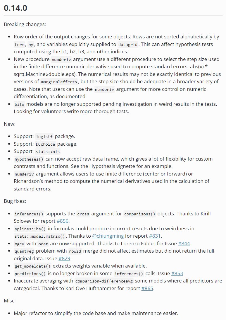 VincentAB's tweet photo. {marginaleffects} 0.14.0 for #RStats offers more reliable estimation of std errors and lots of cool features. Everyone should upgrade now. BTW, we just got a fancy  new domain: https://t.co/VGkGBtJTdA While you're there check out the revamped bilingual (R/Python) Get Started page https://t.co/ukXMk6jSrw
