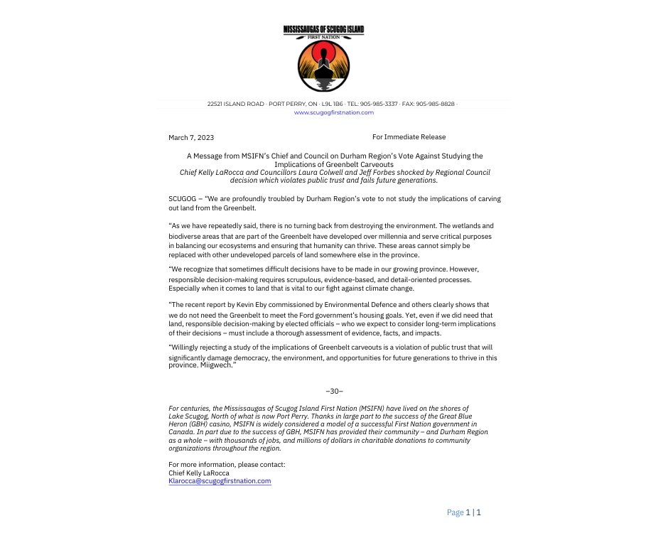 August 17, 2023 For Immediate Release
First Nation: AG Report Not Enough To Protect Greenbelt
Mississaugas of Scugog Island First Nation remains determined to reverse the planned destruction of the ecologically sensitive Greenbelt lands by Premier Ford.
SCUGOG – (1/x)