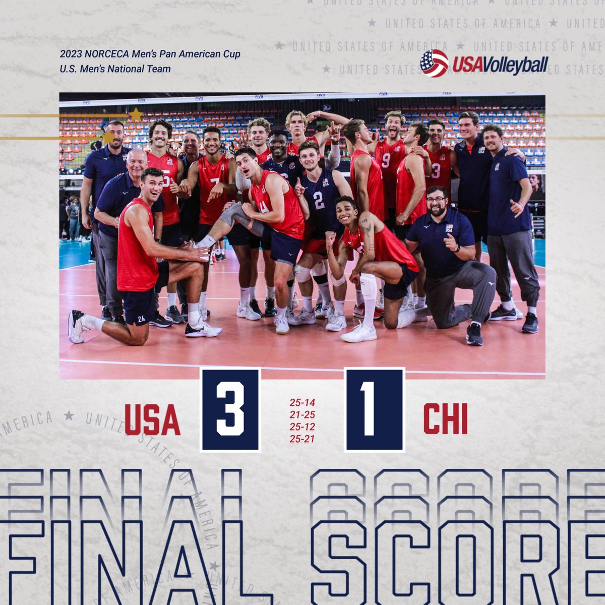 usavolleyball's tweet photo. The U.S. Men's National Team defeated Chile, 3-1, to finish pool play at the 2023 NORCECA Pan Am Cup 2-0: https://t.co/aMOdwZ4kBK https://t.co/acR3QH6Yra