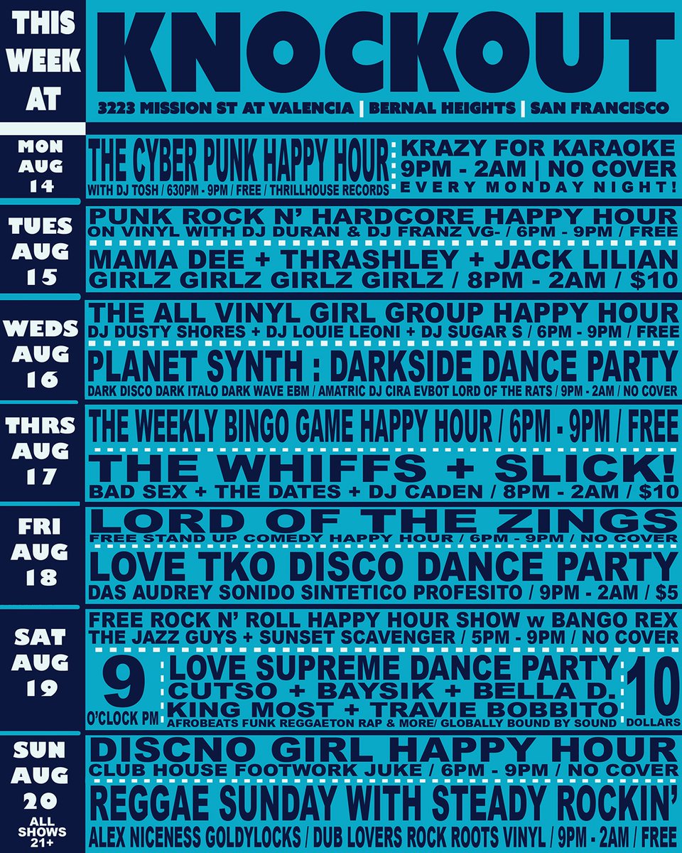 knockoutsf's tweet image. GIRL GROUP ALL VINYL HAPPY HOUR TODAY AND DARKSIDE SYNTH DANCE PARTY TONIGHT AT THE KNOCKOUT • GRAB YER MONEY BELT, YOUR CREDIT CARDS AND YOUR SHINY DANCING SHOES AND MAYBE A LIGHT COAT AND LET THE GOOD TIMES ROLL! instagram.com/theknockoutsf/