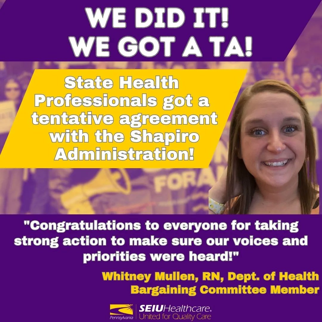 Breaking News! Our State Health Professionals Bargaining Committee just reached a TA! 

Stay tuned for information soon about ratifying our tentative agreement.  When we fight together, we win!