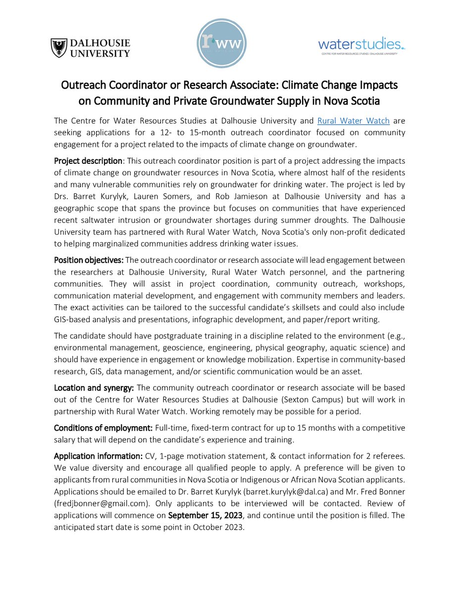 We are seeking a research associate/outreach coordinator to join our new project on climate change impacts on #community #groundwater resources in Nova Scotia. See details in the link..
drive.google.com/file/d/1ojnPnh…
