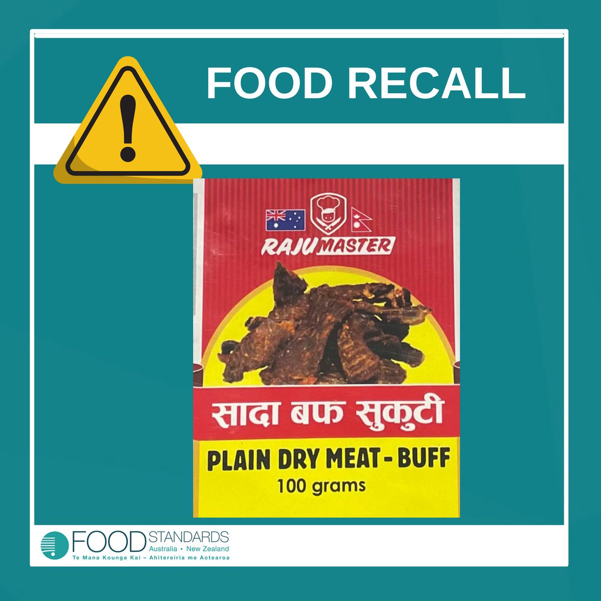 Food Recall Alert - Raju Master Dry Meat 

Raju Master is conducting a recall of all their products. The products have been available for sale at independent food retailers in NSW.

For more information see the FSANZ website: 
foodstandards.gov.au/industry/foodr…