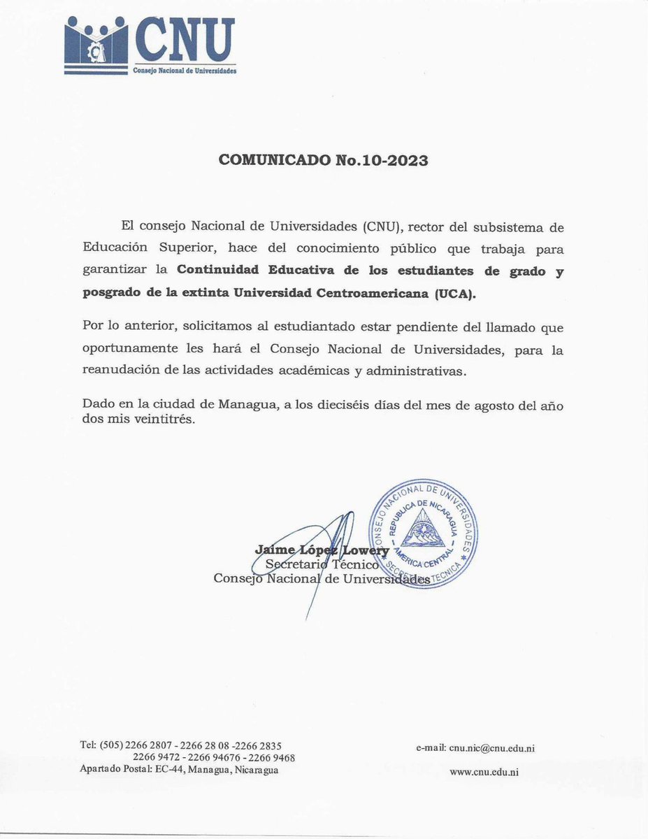 📜🏮 | 𝐂𝐎𝐌𝐔𝐍𝐈𝐂𝐀𝐃𝐎 𝐈𝐌𝐏𝐎𝐑𝐓𝐀𝐍𝐓𝐄 | 𝐂𝐨𝐧𝐭𝐢𝐧𝐮𝐢𝐝𝐚𝐝 𝐞𝐝𝐮𝐜𝐚𝐭𝐢𝐯𝐚 𝐞𝐱𝐭𝐢𝐧𝐭𝐚 𝐔𝐂𝐀

Ver en:⤵️
mtr.cool/dwdmmryqpv

#LeonRevolucion #UniversidadDelPueblo #PLOMO19 #Nicaragua <a href="/CarlosEmilioDH/">Carlos Emilio Lopez</a> <a href="/BERINGESQUIVEL/">Bering Esquivel</a> <a href="/NicaSoberana/">Tania la nica soberana</a> <a href="/DrSuazo915/">𝙎𝙪𝙖𝙯𝙤 ☭✊🏻🇵🇸</a> <a href="/tincho210/">🆃🅸🅽🅲🅷🅾️✌️</a>