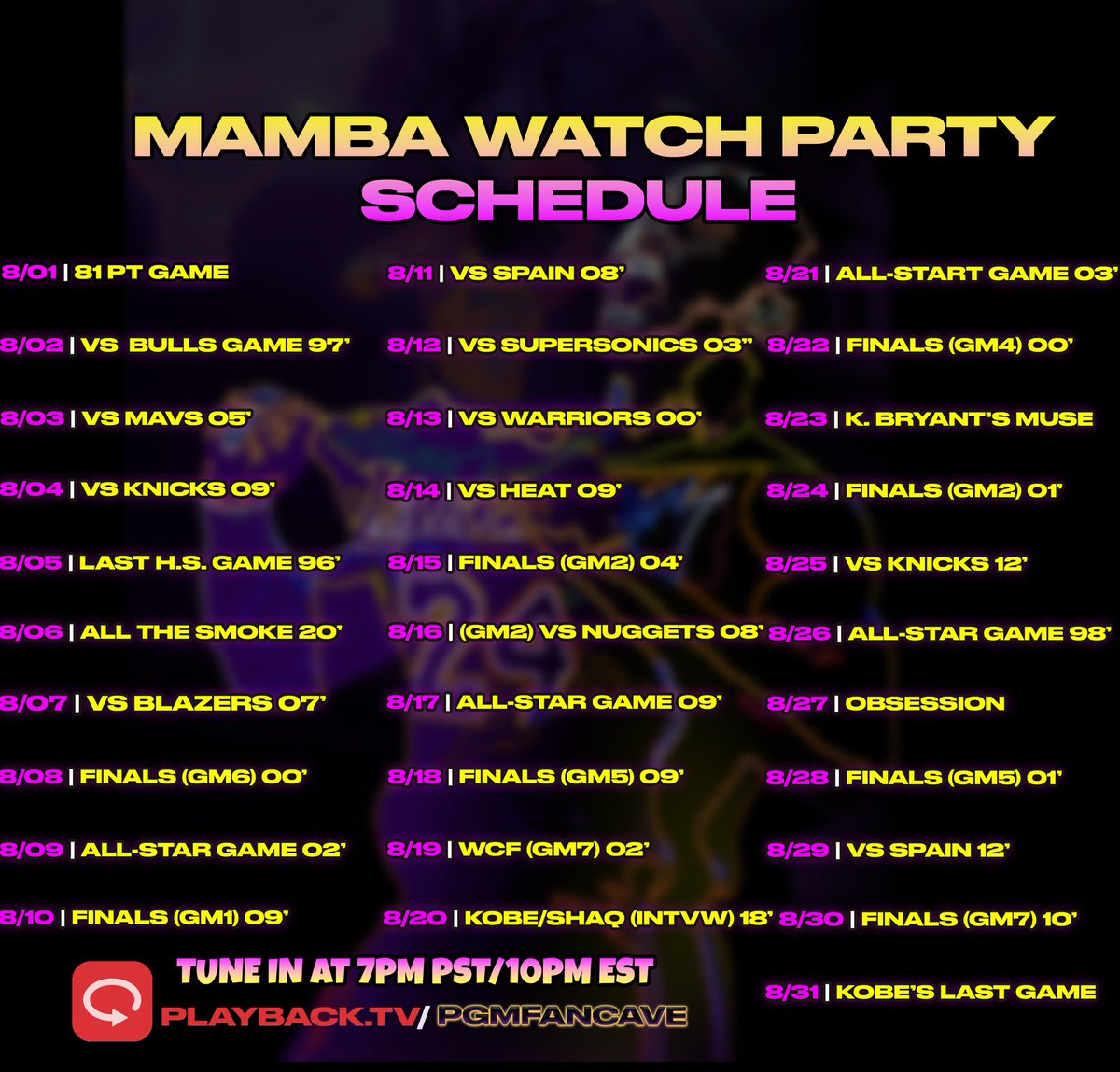 PurpleGoldMinds's tweet photo. Tonight's #MonthofMamba Kobe Drops 49 vs Denver

⭐ @Nuggets vs @Lakers Gm 2 Rd 1

💜 Watch-Party starts 7pm pst/10pm est

⭐ Powered by @WatchPlayback

⭕ Download Playback's iOS app or 💻
#NBATwitter #LakeShow #MileHighBasketball #BringItIn

https://t.co/pyIbBTwKDo https://t.co/pAr0gCJZky