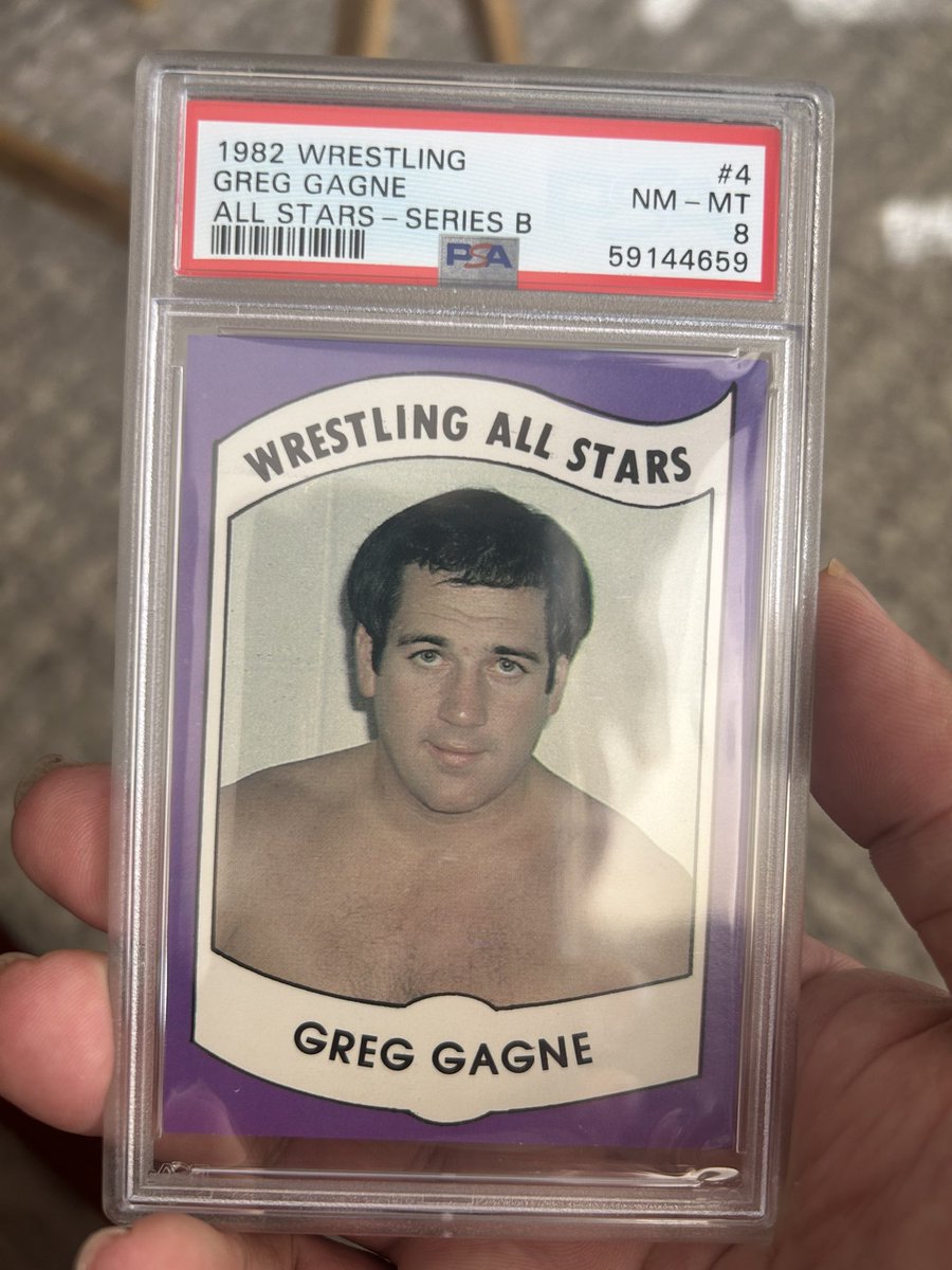 Newly Acquired 1982 Wrestling All Stars Greg Gagne PSA8 . Tough card to acquire in an 8 or above. Only 2, 9's exist. Will crack this one to get it signed by Mr. Gagne in the future. #1982WrestlingAllStars #wrestlingcardwednesday