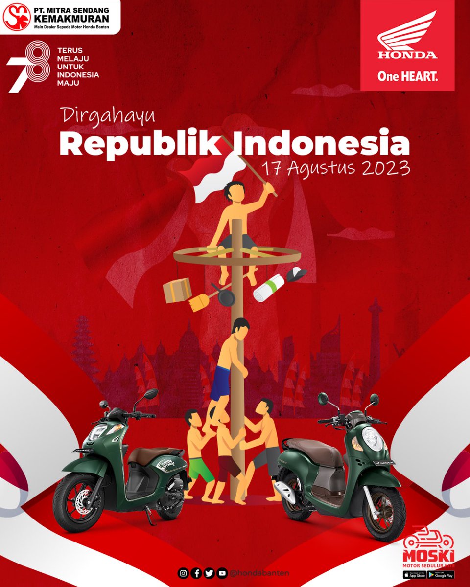 Selamat Hari Ulang Tahun Kemerdekaan Indonesia ke-78
Merdeka bukanlah akhir dari perjuangan, melainkan awal untuk berjuang lebih keras lagi.

Salam Satu Hati

#HondaBanten
#OneHEART
#hutri78
#harikemerdekaanindonesia78
#dirgahayuindonesia78
#moski