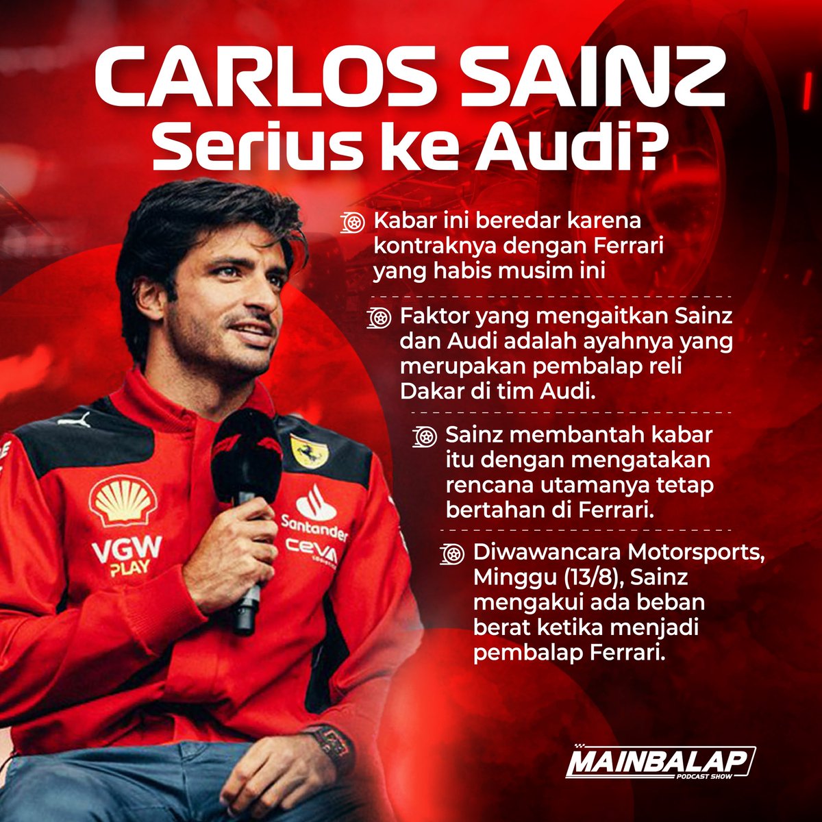 mainbalap's tweet photo. Setuju gak nih Carlos Sainz ke Audi? Menarik ditunggu, dia stay atau pergi ke Audi.

#mainbalap #mainbalappodcast #mainbalappodcastshow #mainbalappodcastf1 #azrulananda #dewopratomo #carlossainz https://t.co/fbRd5OBLVQ