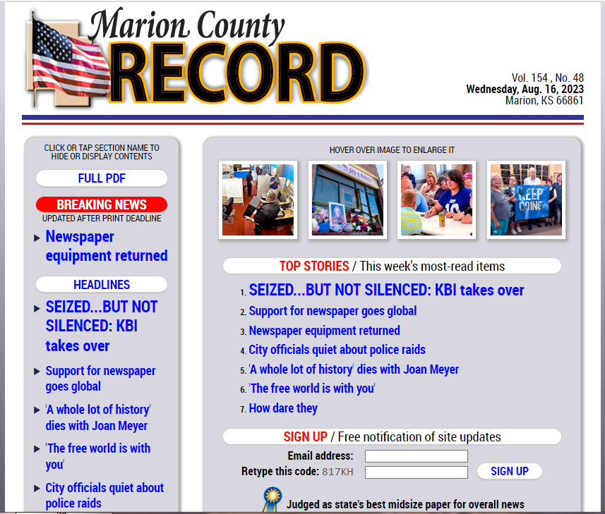 4AnimalLife's tweet photo. Victimized by an unconstitutional, un-American, "Gestapo-like" police raid enabled by a search warrant a Republican judge signed w no supporting affidavit, the Marion County Record in Kansas is still publishing its newspaper. 📰👏🏼
Police inexcusably raided both the Marion County https://t.co/M1tpgzJ2bT