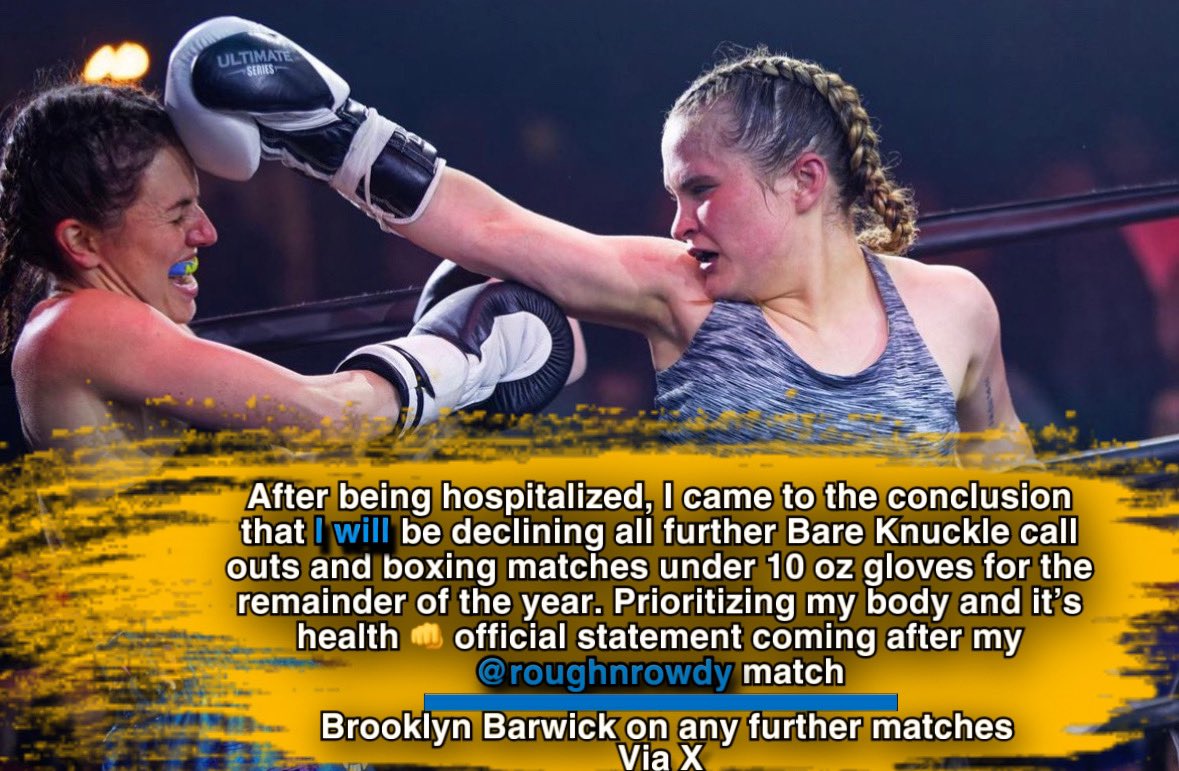 WV_Boxing's tweet photo. @brooklynbarwick went to X saying she will be declining any further boxing matches under 10 oz gloves. 

( Via: @brooklynbarwick )

-
#brooklynbarwick #boxing #boxingnews #boxingmedia #boxingworld #boxinglife #rnr #roughnrowdy https://t.co/KyHozJtZHK