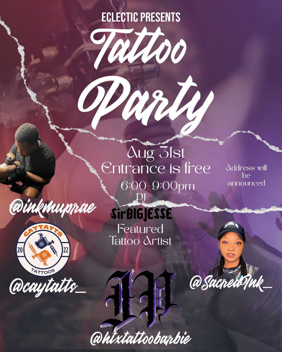 EclecticPVAMU's tweet photo. Eclectics very first Tattoo Party coming to you. Hosted by your own Eclectic and @SirBIGJESSE Flashes are available for $15 or you can get original pieces from our artists. You won’t wanna miss getting some art done by @inkemuprae @caycavv @jakrazzzy or @SacredInkk_ . https://t.co/DyatBCkOMp