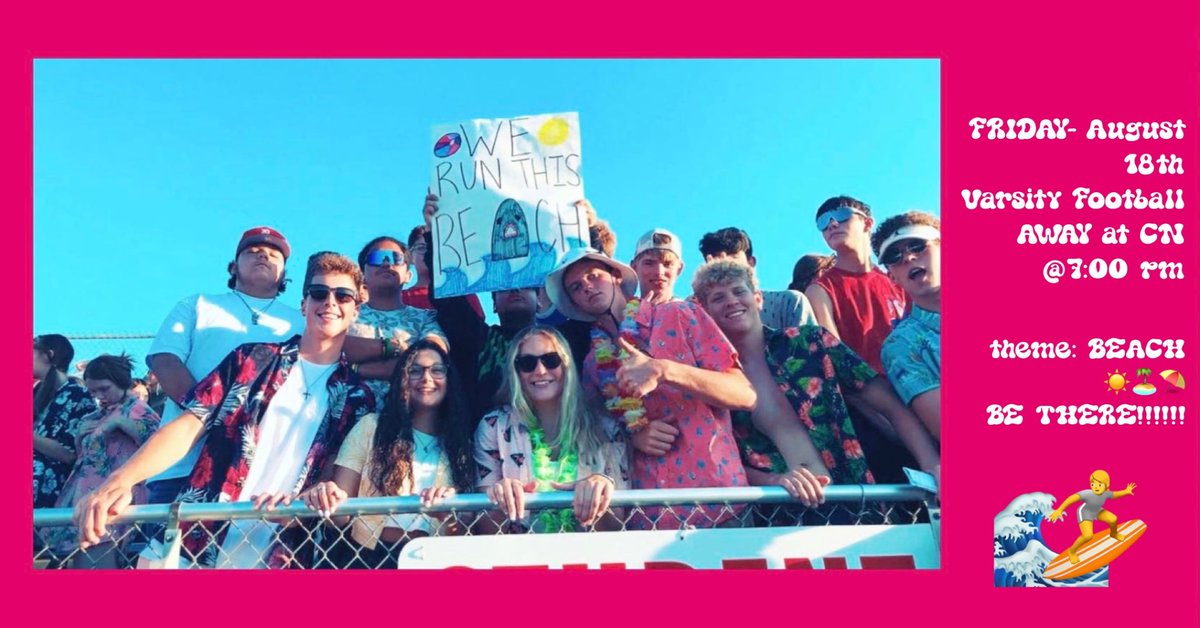 THIS FRIDAY, August 18th…

Chargers take on the Central Noble Cougars AWAY @ 7pm

Theme: BEACH🏝️⛱️🌊