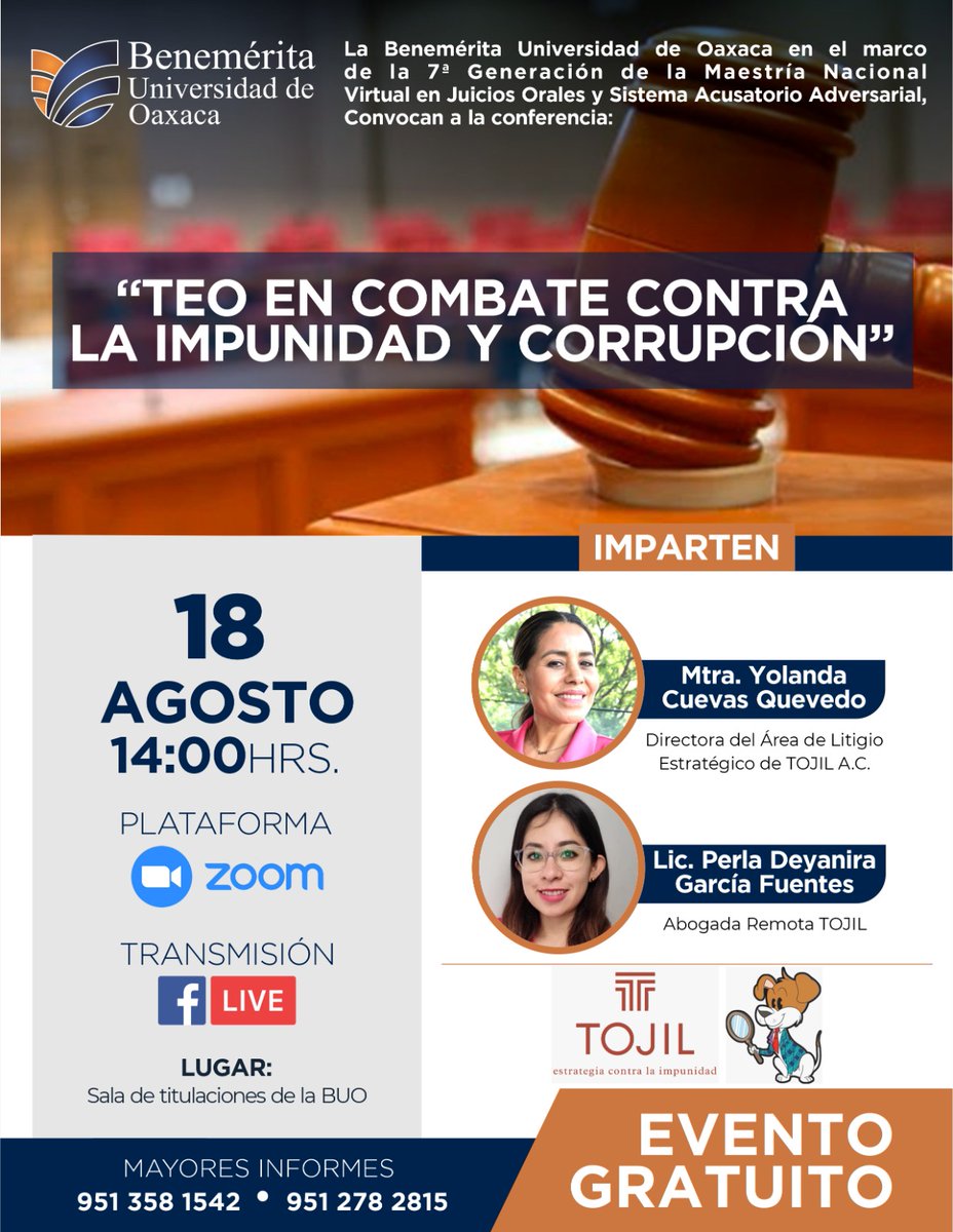 La #BUO y @TojilAJ, invitan a la Conferencia: “TEO EN COMBATE CONTRA LA IMPUNIDAD Y CORRUPCIÓN” #FECHA: viernes 18 de agosto de 2023 #Hora: 14:00 horas. #Lugar: Sala de titulaciones de la BUO. #Link_de_Registro para asistencia presencial: forms.gle/uyHiRSPaDnidWT… EVENTO GRATUITO