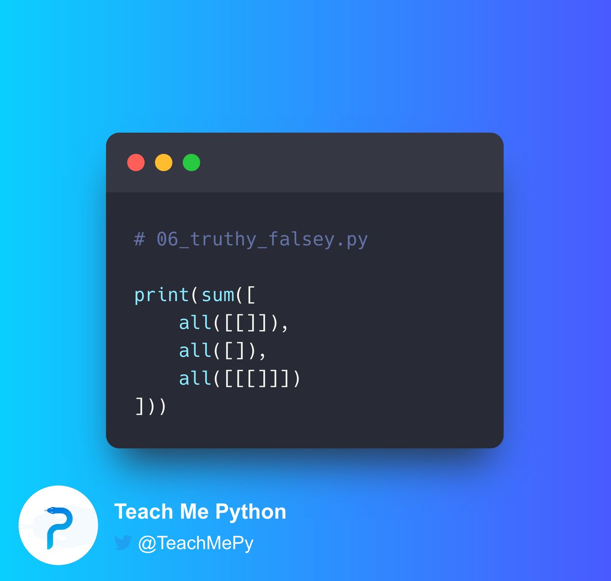 TeachMePy's tweet image. #Python Pop Quiz 🐍❓
What does the following code print out, if anything?
A) An exception
B) 1
C) 2
D) 3
E) None of the above