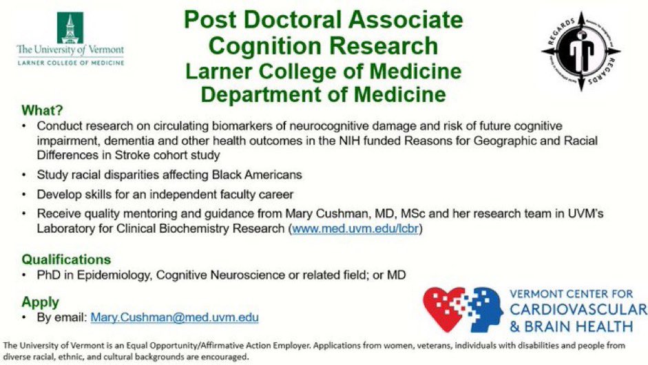 MaryCushmanMD's tweet photo. I’m hiring a postdoc for our group! Work on the #REGARDSStudy & others at a leading lab in molecular epidemiology!
@UVMLarnerMed @deborascience @UVMHeartBrain https://t.co/GdkggwadDZ