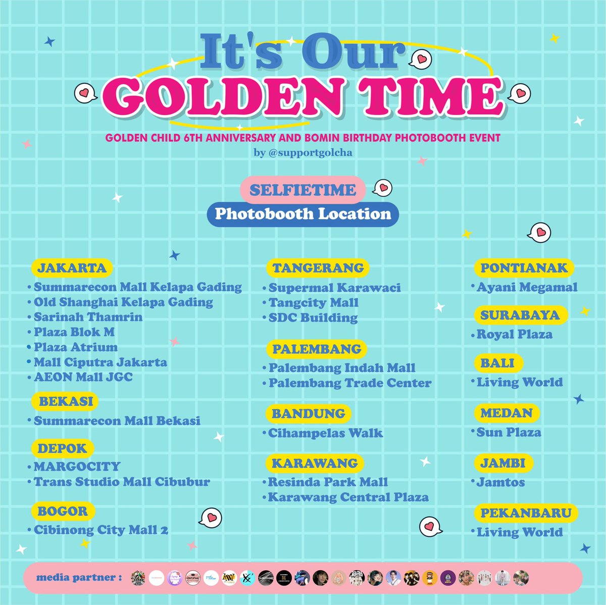 starrybeom's tweet photo. Golden Child 6th Anniversary &amp; Bomin Birthday ✧Photobooth Event✧ by @supportgolcha

📍@selfietimeid
🗓️ 24 Agustus - 31 Agustus 2023

(details on poster)

Take your best moment, kindly to tag us @supportgolcha and give them best memories with hashtag #GoldenTimeWithGolcha https://t.co/hFlw5LYrxZ