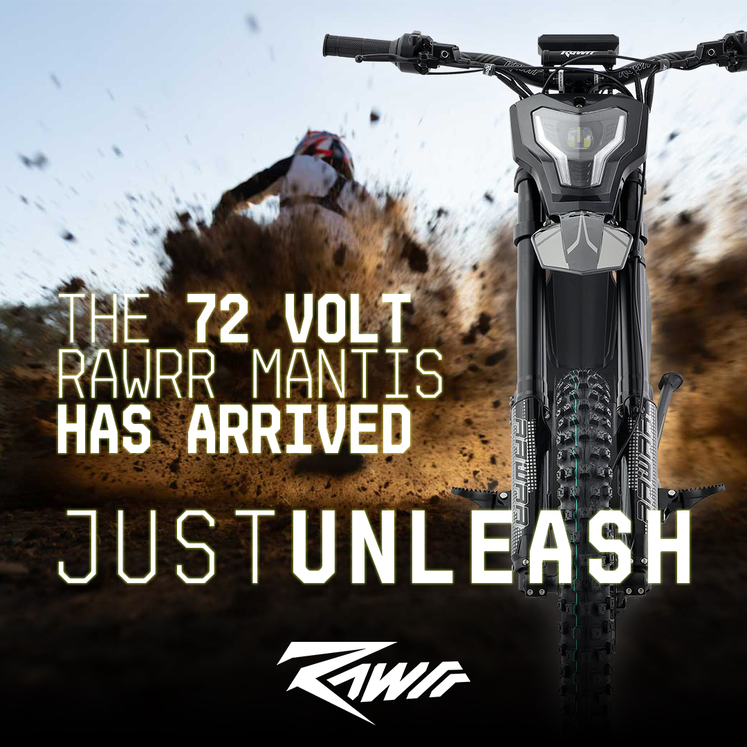 Introducing the 72V Rawrr Mantis: Thrills amplified! 🚀 Unveiling the newest powerhouse from Rawrr, the pioneers of lightweight-electric, off-road motorcycles. 

The 72V Rawrr Mantis will be available tomorrow 8/17 starting at 8:30AM PST

#Rawrr #RideRawrr