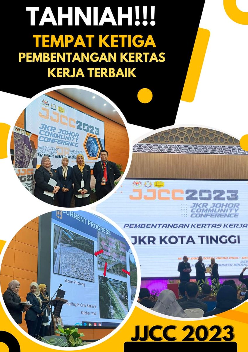 Ucapan setinggi -tinggi tahniah kepada wakil pasukan dari JKR Kota Tinggi kerana telah berjaya memenangi tempat KETIGA dalam Pembentangan Kertas Kerja Terbaik JKR Johor Community Conference.

#jjcc2023
#JasaKepadaRakyat