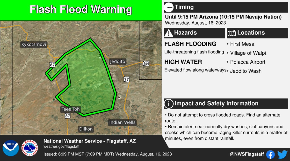⚠️ Flash Flood Warning ⚠️ in effect until 9:15 PM MST (10:15 PM MDT) for portions of Navajo County. This includes First Mesa, Village of Walpi, and Polacca Airport. More info: weather.gov/fgz/wwa?wfo=KF…. #azwx