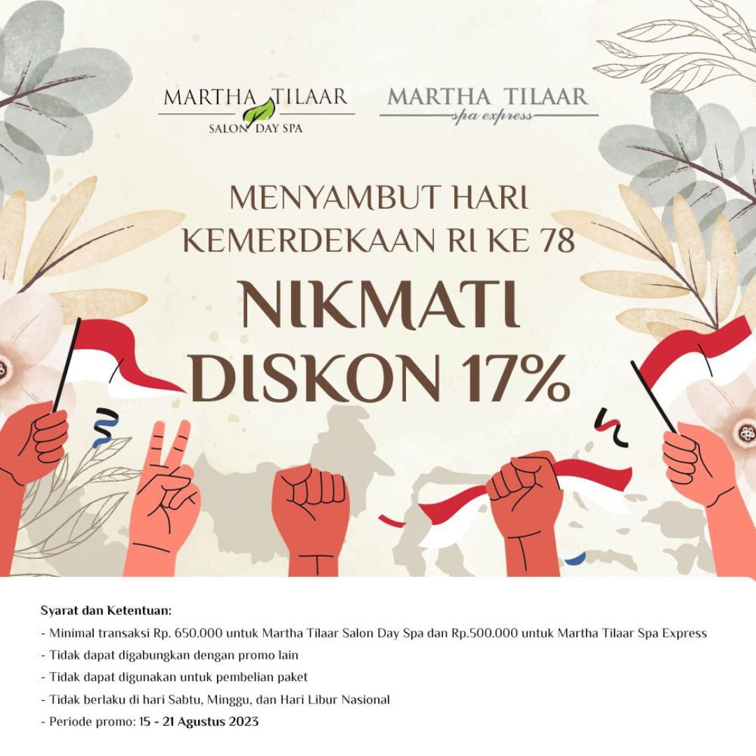 SPA Lovers, jangan lewatkan promo spesial HUT RI di Martha Tilaar SPA. Nikmati diskon 17% untuk perawatan di Martha Tilaar Salon Day SPA &amp; Martha Tilaar SPA Express, 15-21 Agustus 2023. Reservasi, hubungi outlet Martha Tilaar SPA 😊
.
 #MarthaTilaarSPA #SPA #SPAindonesia #HUTRI7