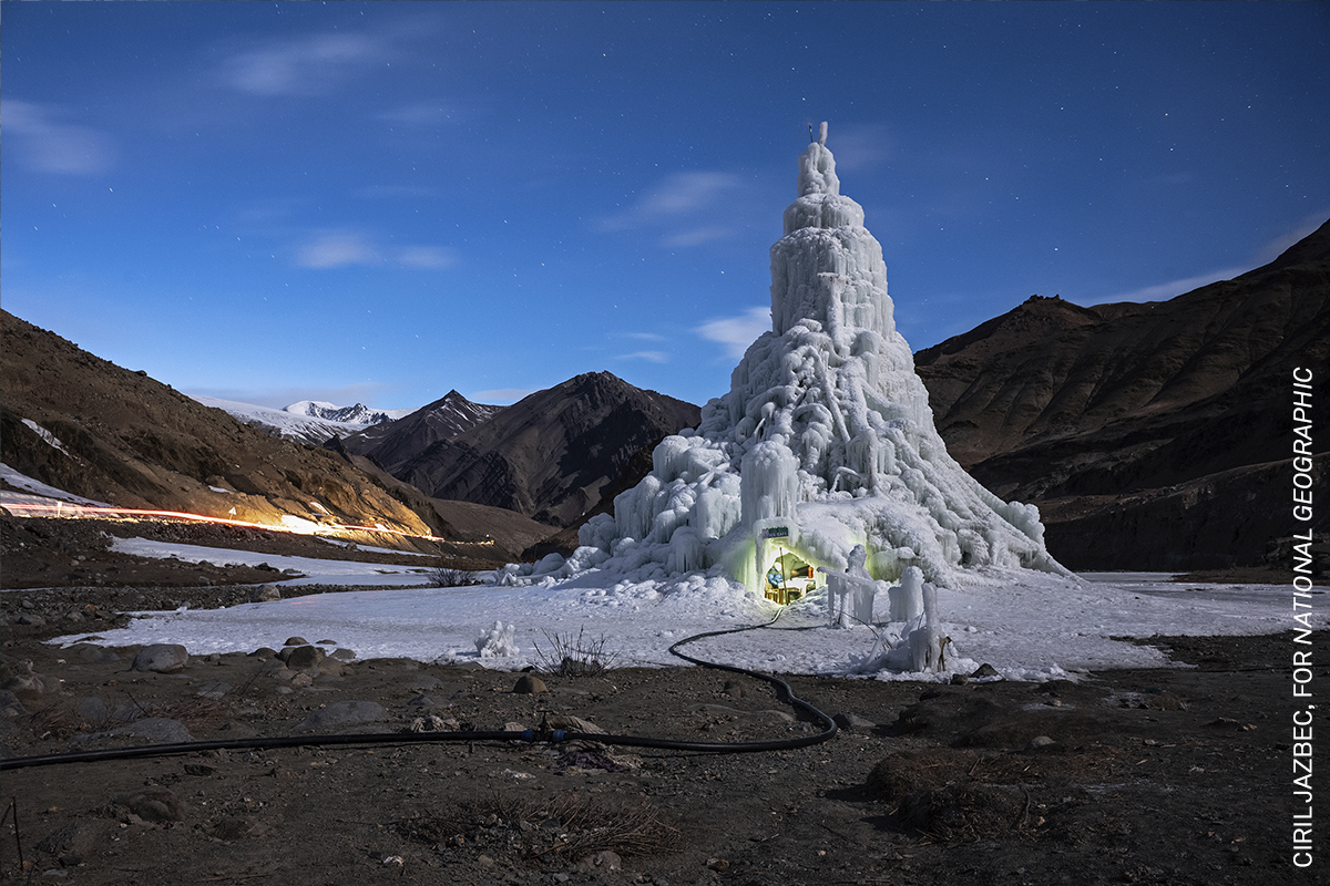 Photo of the Day | The youth group that built this ice stupa in the village of Gya, in the Ladakh region of northern India, installed a café in its base, March 2019. The ice stupas provide water into summer. By <a href="/CirilJazbec/">Ciril Jazbec</a>, awarded in the 2021 Contest: worldpressphoto.org/collection/pho…