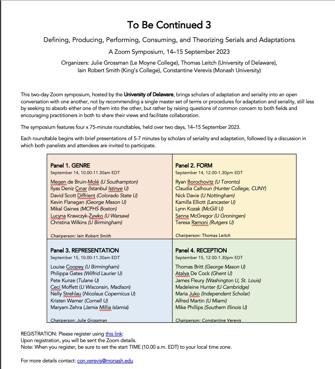 To Be Continued 3, the online symposium on adaptation and seriality, begins four weeks from tomorrow (14-15 Sept.)!  Check out the wonderful roster of speakers and the link to free registration below. <a href="/adaptstudies/">Association of Adaptation Studies</a> <a href="/litfilmassn/">Literature/Film Association</a> 

udel.zoom.us/meeting/regist…