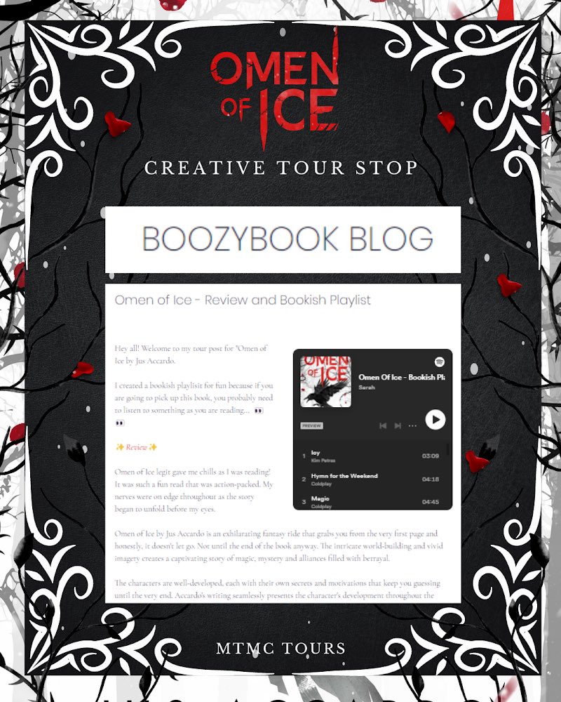 mtmctours's tweet photo. @JusAccardo @EntangledTeen @entangledpub Also check out this fantastic review + playlist inspired by Omen of Ice by @JusAccardo!! 🖤✨📖 Make sure to visit Boozybook Blog to read the full post! 😍 https://t.co/1oBc3gLF5z https://t.co/tiVRKcqTgx