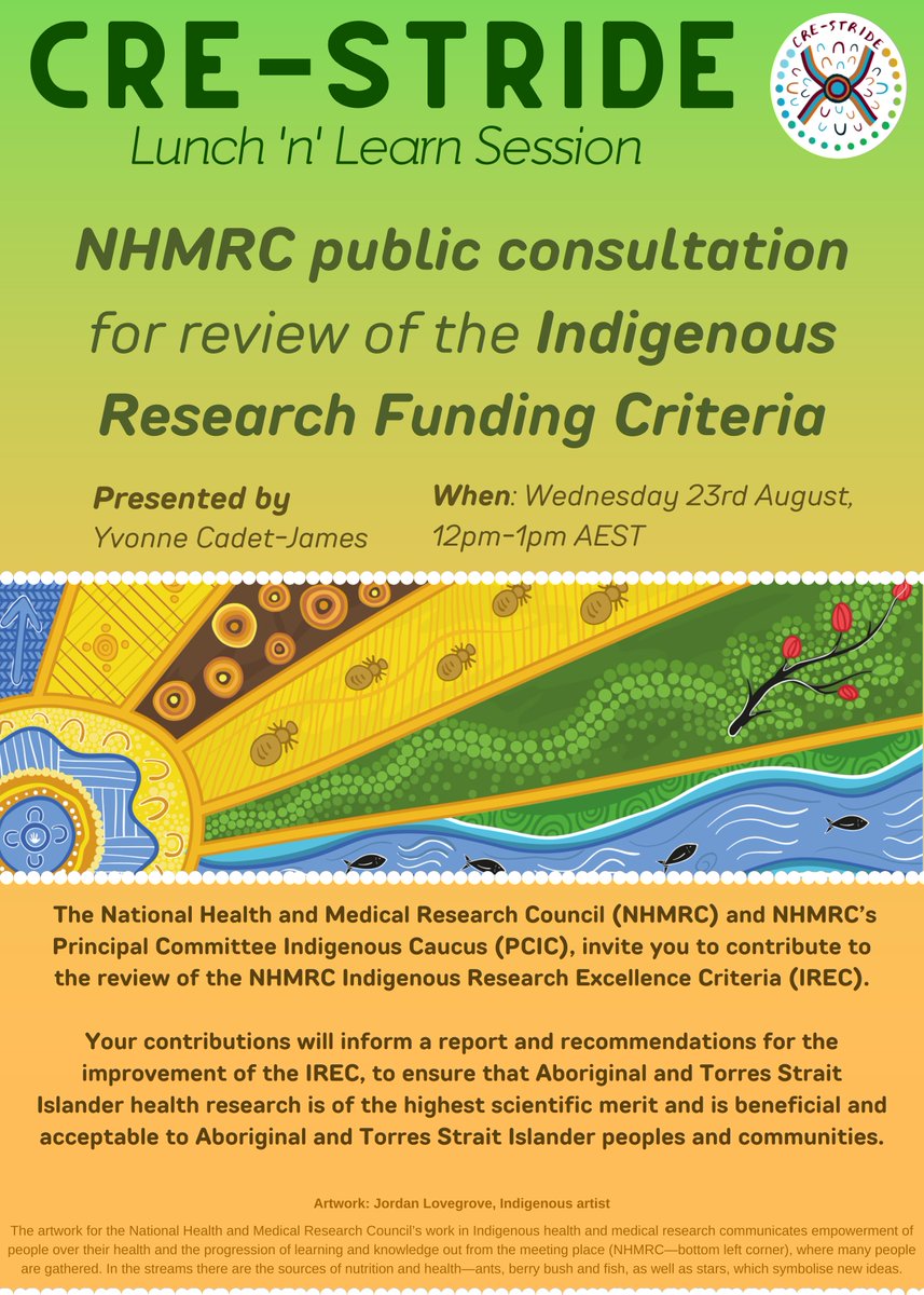 STRIDE has a free 'Lunch 'n' Learn' session coming up again and if you thought the last one was deadly - feel free to attend this one! The session will be a NHMRC led public consultation for review of the Indigenous Research Funding Criteria. 🌐🎫: eventbrite.com.au/e/nhmrc-indige…