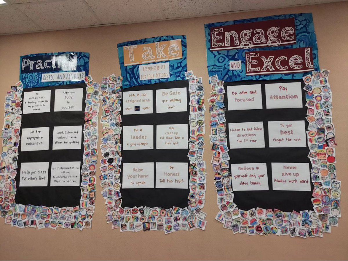 PineTree_Music's tweet photo. ALL of the classes who came to the music room helped come up with our class commitments for this year. "Believe in yourself and your class family" is my favorite.♥️
Also enjoy our class schedule and music note-we add peices for our whole good choices. 👍 
#wearepinetree https://t.co/zru0ffMfP4