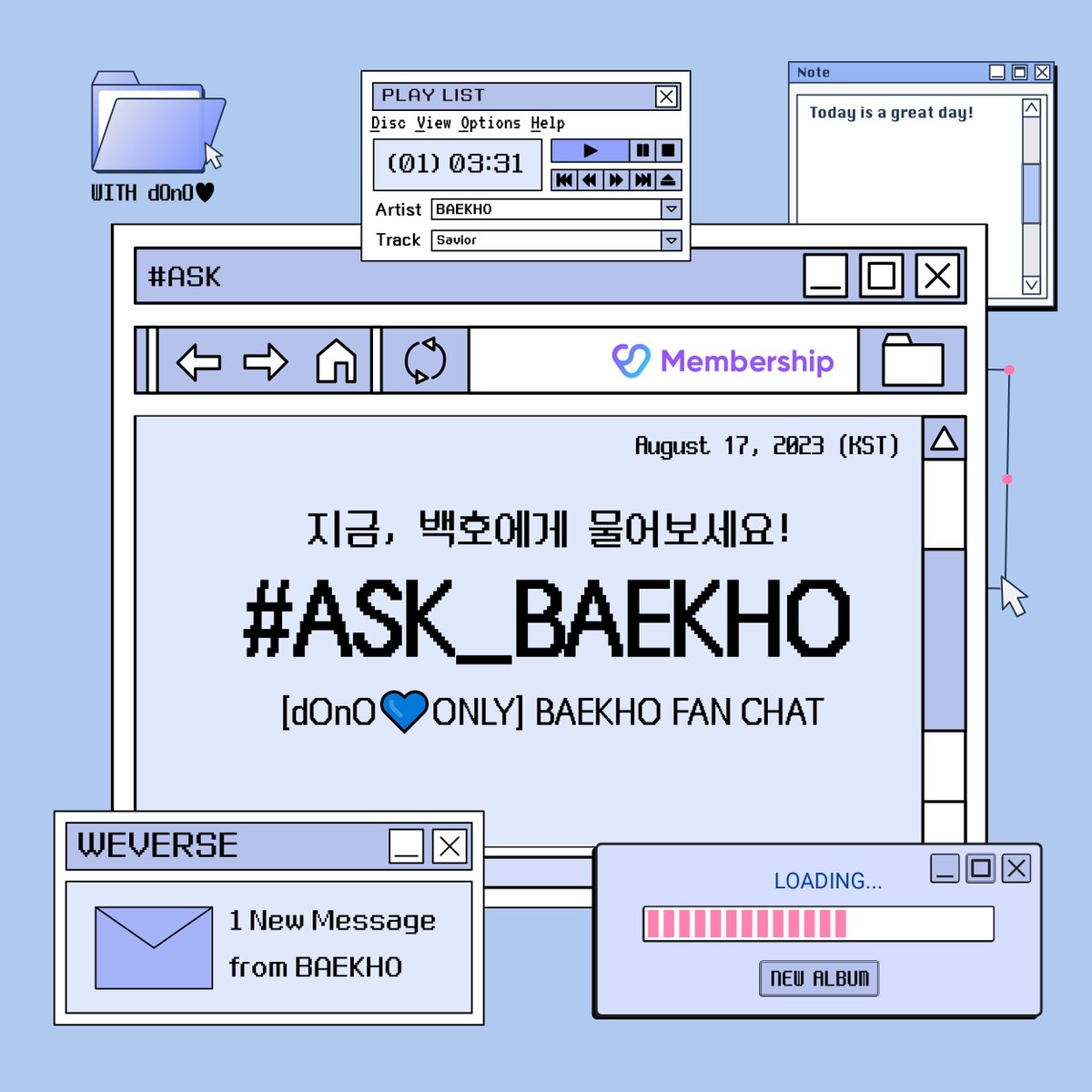 this_is_baekho_'s tweet photo. [EVENT] 백호(BAEKHO) #ASK_BAEKHO FAN CHAT - For ‘dOnO💙ONLY’ 참여 안내 - 2023년 8월 이벤트 (+ENG/JPN/CHN)

▶ https://t.co/VIyCmhojUf

#백호 #강동호 #BAEKHO #KANGDONGHO https://t.co/jtoURAYCVZ