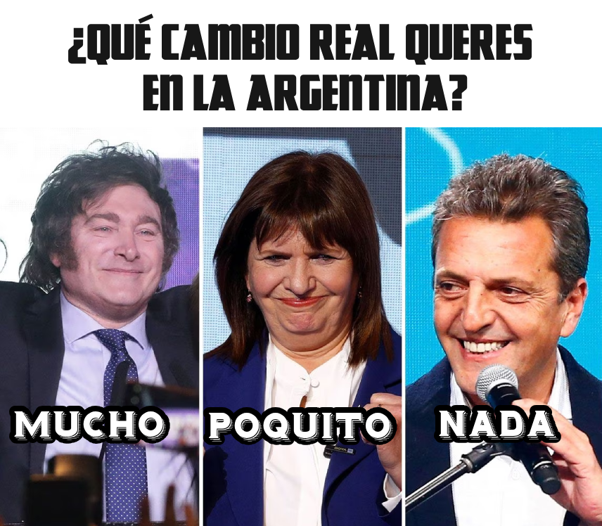 Nunca una elección fue tan fácil:  ¿Qué cambio real queres en la Argentina?  Milei - Bullrich - Massa
Digan lo que te digan. Es muy simple. Guarden twit.
