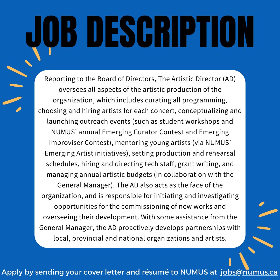 NUMUSConcerts's tweet photo. We're hiring an Artistic Director! Are you interested in flexing your creative and organizational skills? Apply now by sending your cover letter and résumé to NUMUS at jobs@numus.ca.
#NUMUS #NewMusic #ContemporaryMusic #WaterlooRegion #ArtisticDirector https://t.co/dsRSbMpITf