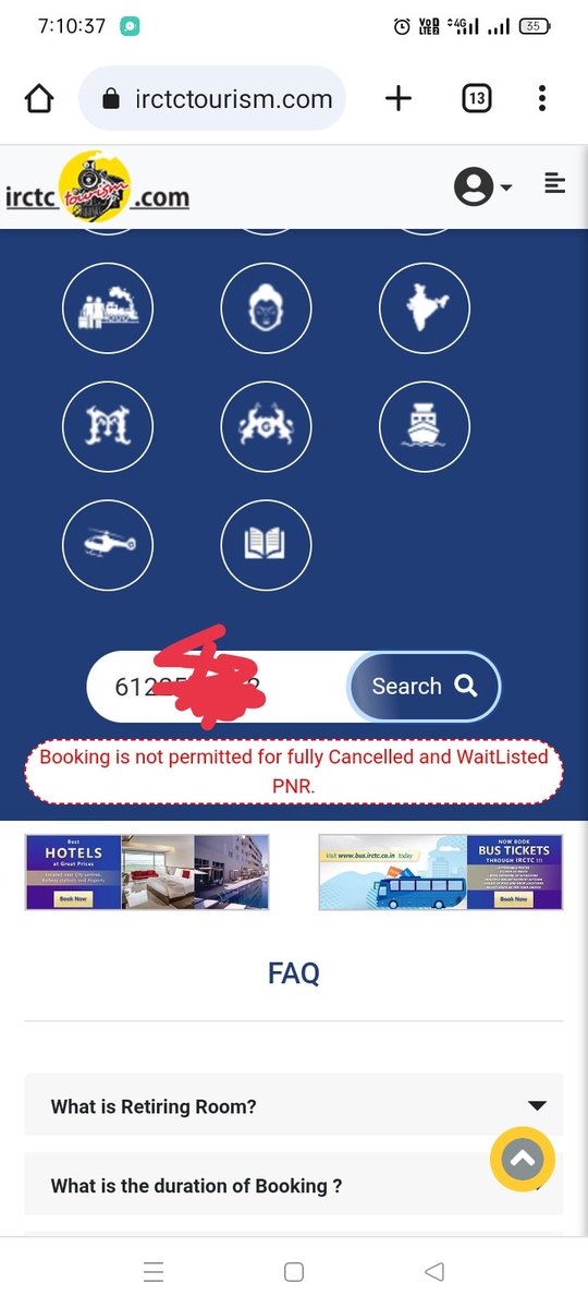 iSubhashChSingh's tweet photo. @IRCTCofficial I am not able to book Retiring room for my confirmed ticket. It shows"Booking is not for fully cancelled or waitlist PNR" but my ticket is confirmed. https://t.co/8za2IFj4by