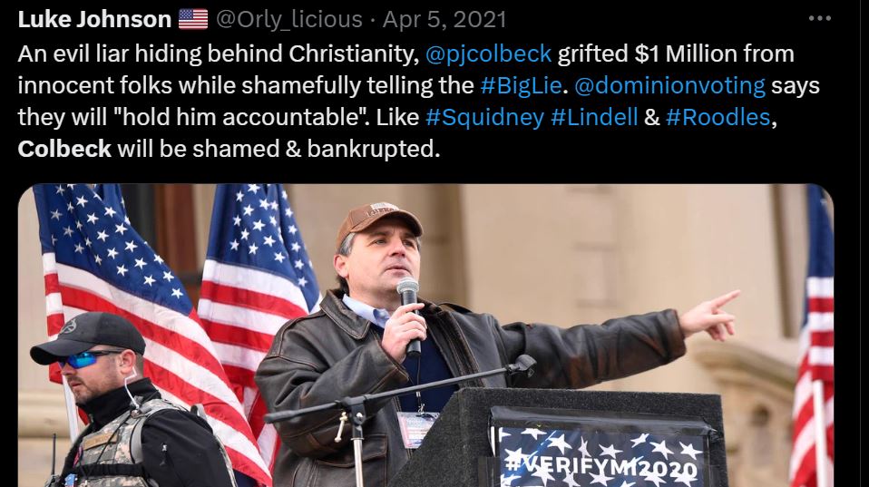 Orly_licious's tweet photo. Remember Patrick Colbeck? He's the tool who hid behind Christianity while grifting $1 Million from innocent folks while shamefully telling the #BigLie. He admitted it. Pat should have been indicted like Matt DePerno. Now he's #MikeLindell's coffee boy at #LindellEvent. https://t.co/5NRusfCDCG