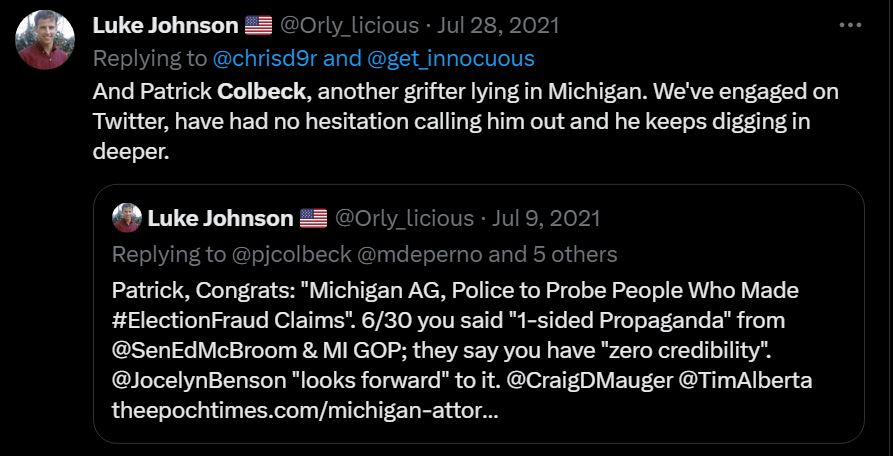 Orly_licious's tweet photo. Remember Patrick Colbeck? He's the tool who hid behind Christianity while grifting $1 Million from innocent folks while shamefully telling the #BigLie. He admitted it. Pat should have been indicted like Matt DePerno. Now he's #MikeLindell's coffee boy at #LindellEvent. https://t.co/5NRusfCDCG