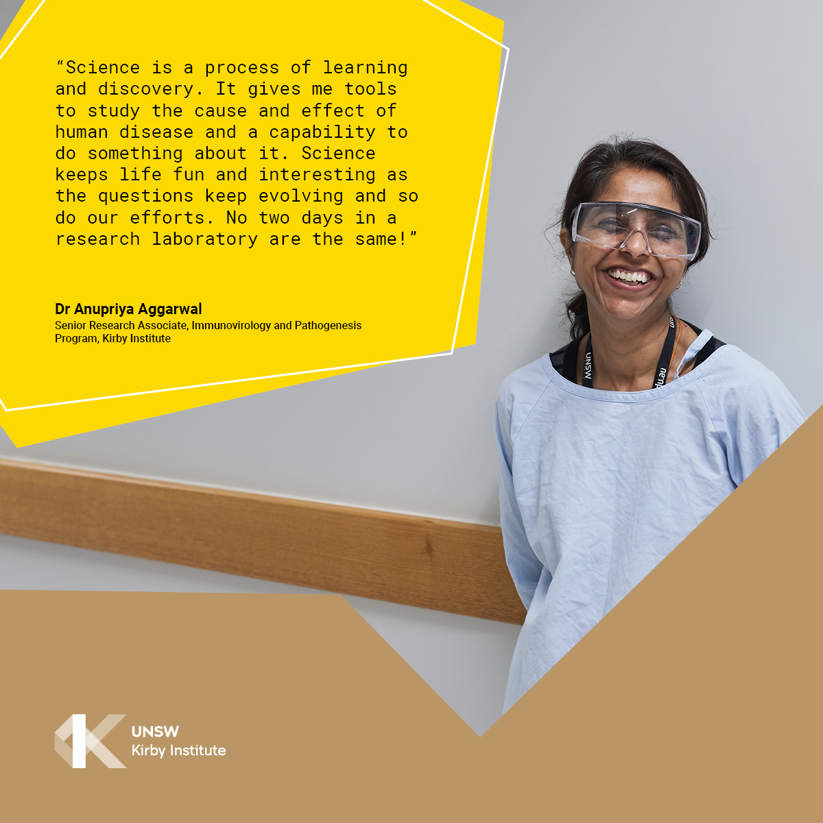 KirbyInstitute's tweet photo. Anu works in our Immunovirology and Pathogenesis Program as a Senior Research Associate and life scientist. She explores the beautiful, complex world of viruses and strategies they adopt to survive and thrive in their environment. #ScienceWeek https://t.co/aG6TAdzPX3
