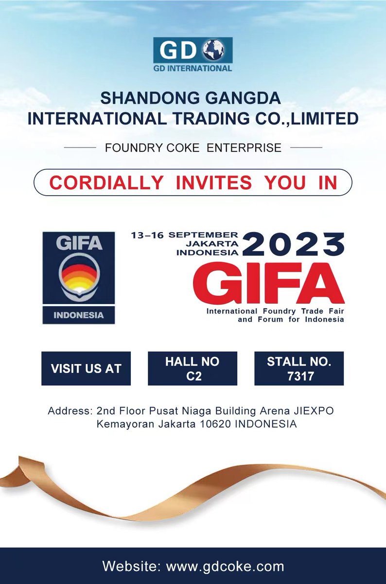 NancyChinaCoke's tweet photo. GIFA Indonesia 13-16 Sept, 2023
Booth NO.: C2-7317
Products: Foundry Coke, Metallurgical coke, Semi coke and Carbon Raiser(GPC CPC CAC)
Welcome to visit us !!
#FoundryCoke #Metallurgicalcoke #Semicoke #CarbonRaiser #GPC #CPC #GIFA #Indonesia #tradeshow #exhibition #shandonggangda https://t.co/DPLeO26s3R