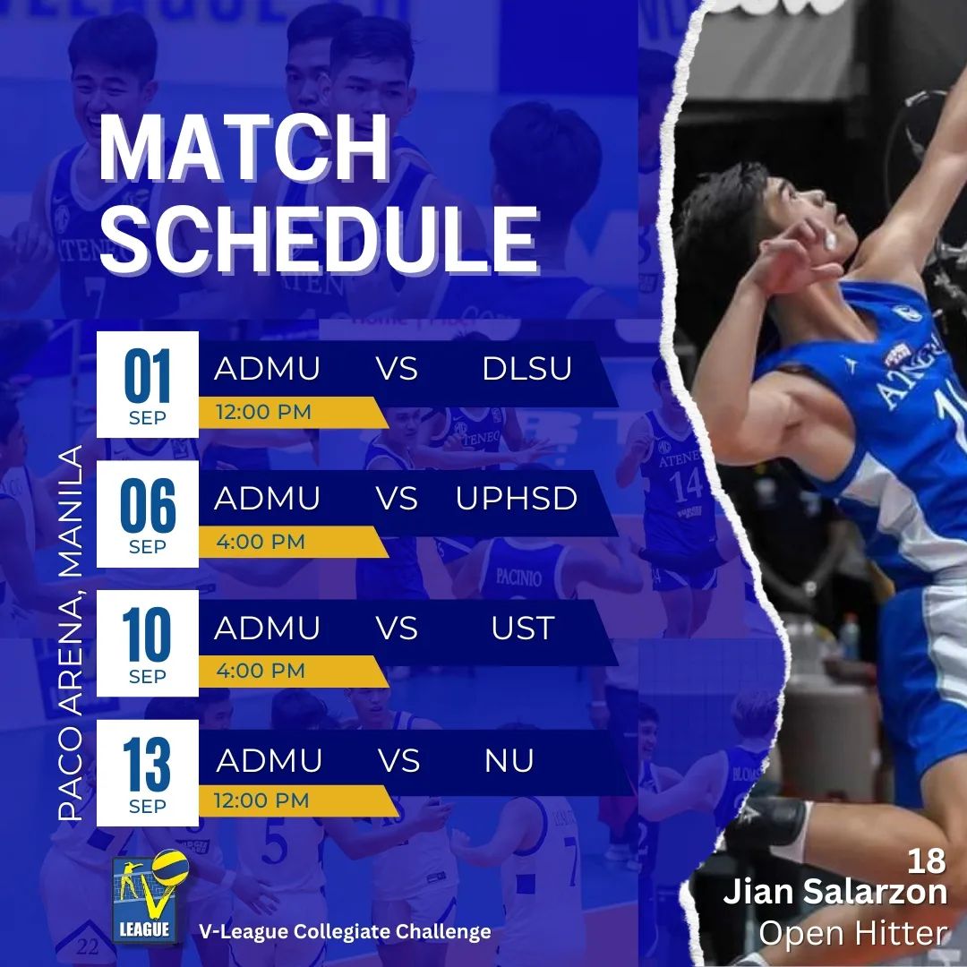 Match schedule for V-League Collegiate Challenge 2023

See y'all, One Big Fight!🦅💙

#TeamAMVT #TeamAteneo #AteneoVolleyball #OBF #AMVT #VLeague

📷 via Instagram post | team.amvt