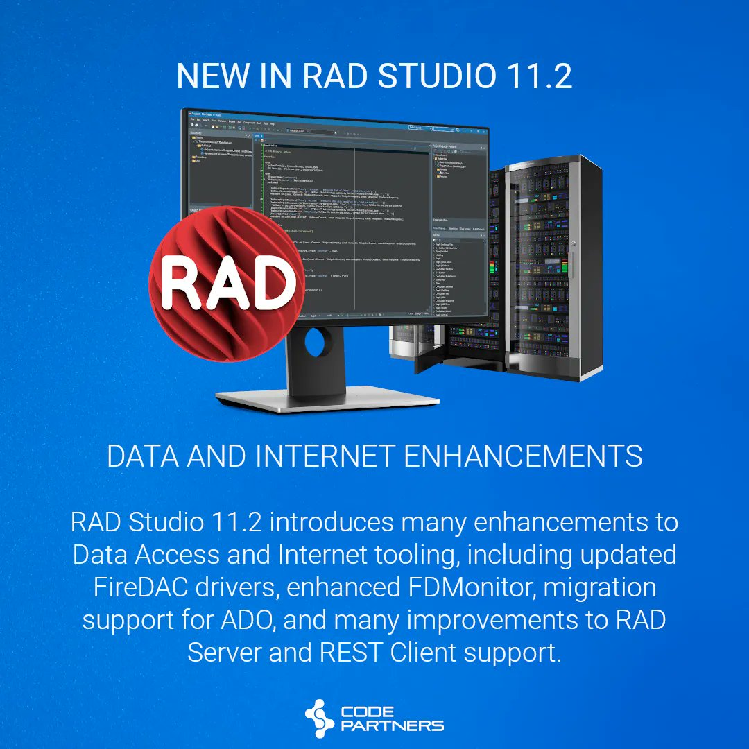 code_partners's tweet photo. RAD Studio 11.2 : Data and Internet Enhancements
RAD Studio 11.2 includes enhancements to FireDAC, ADO, RAD Server and REST Client. Watch this quick overview to see more.
https://t.co/OKICqVhAyT
#radstudio #embarcadero #delphi #cbuilder #rest #API #firedac https://t.co/zNLR9n9dBn
