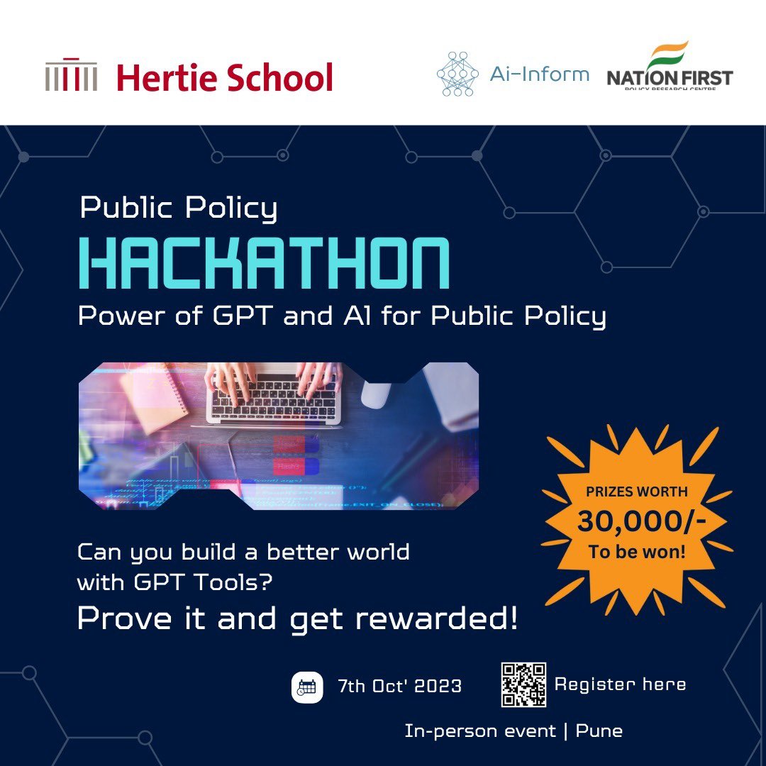 Do participate in this AI-based Public Policy Hackathon, organized by <a href="/thehertieschool/">Hertie School</a> &amp; <a href="/NFPRC_Ind/">Nation First Policy Research Centre (NFPRC)</a> in Pune. 

This unique event aims to explore the potential of AI in shaping public policy while offering a platform for students &amp; young professionals to demonstrate their