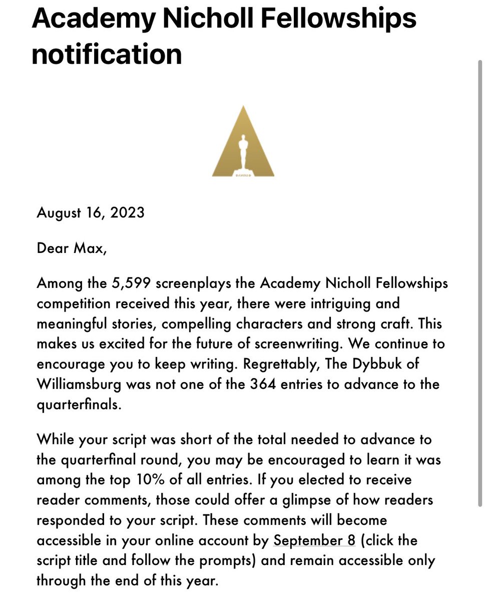 mknchenx22's tweet photo. Didn’t quite crack that top 364 Quarterfinalist cut but my script THE DYBBUK OF WILLIAMSBURG did make the top 10% of the #Nichollfellowship competition, that’s still pretty cool. 

Congrats to all the Quarterfinalists!
#Nicholl #Academy #screenwriting #prewga #supportthewga https://t.co/pAmtgVQI28