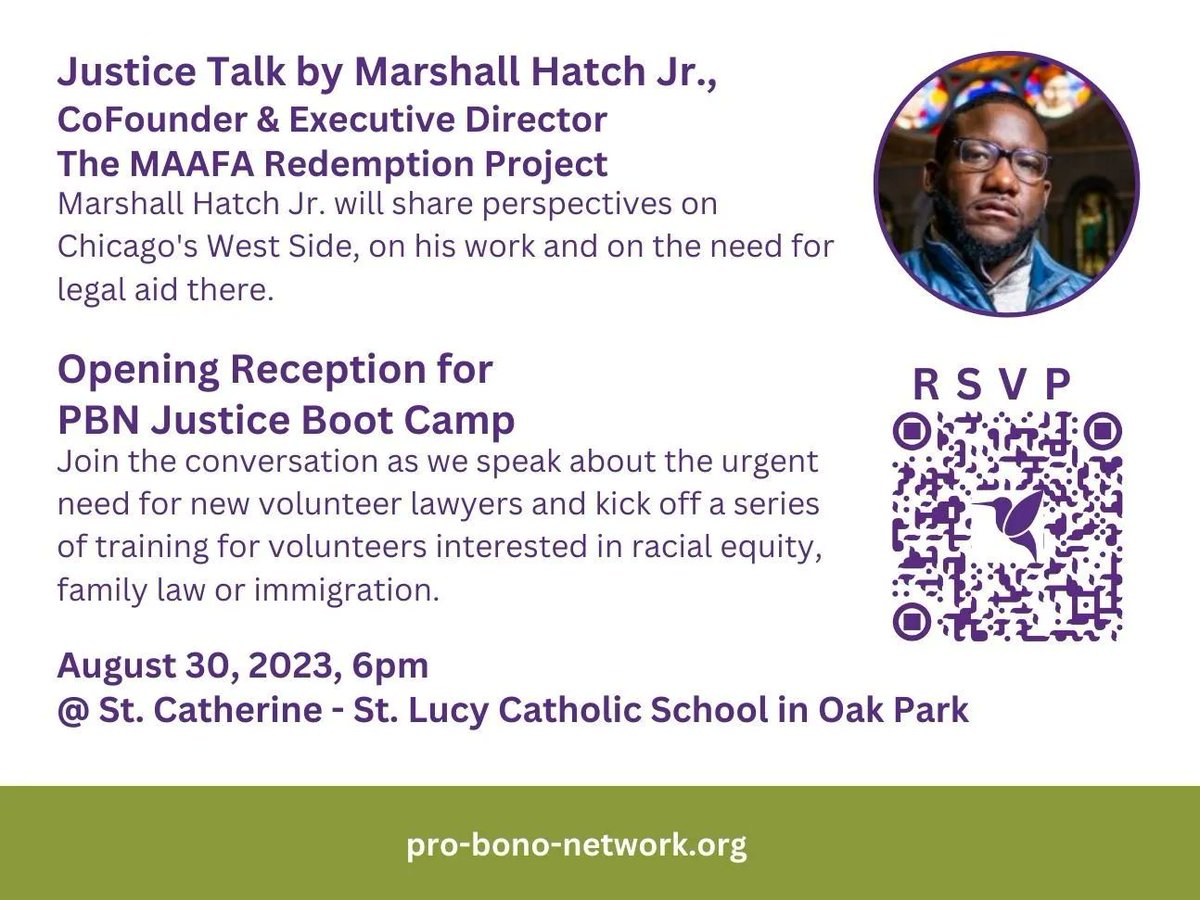 ChiAppleseed's tweet photo. Check out the @PBonoNetwork's Justice Boot Camp this September and earn CLE credits! The series kicks off on August 30 with a talk by Marshall Hatch, Jr., co-founder of the MAAFA Redemption Project.

👉 RSVP: https://t.co/0SMCV0JZ2E 
https://t.co/HyoYrB9euC https://t.co/XN0XPcl3Nx