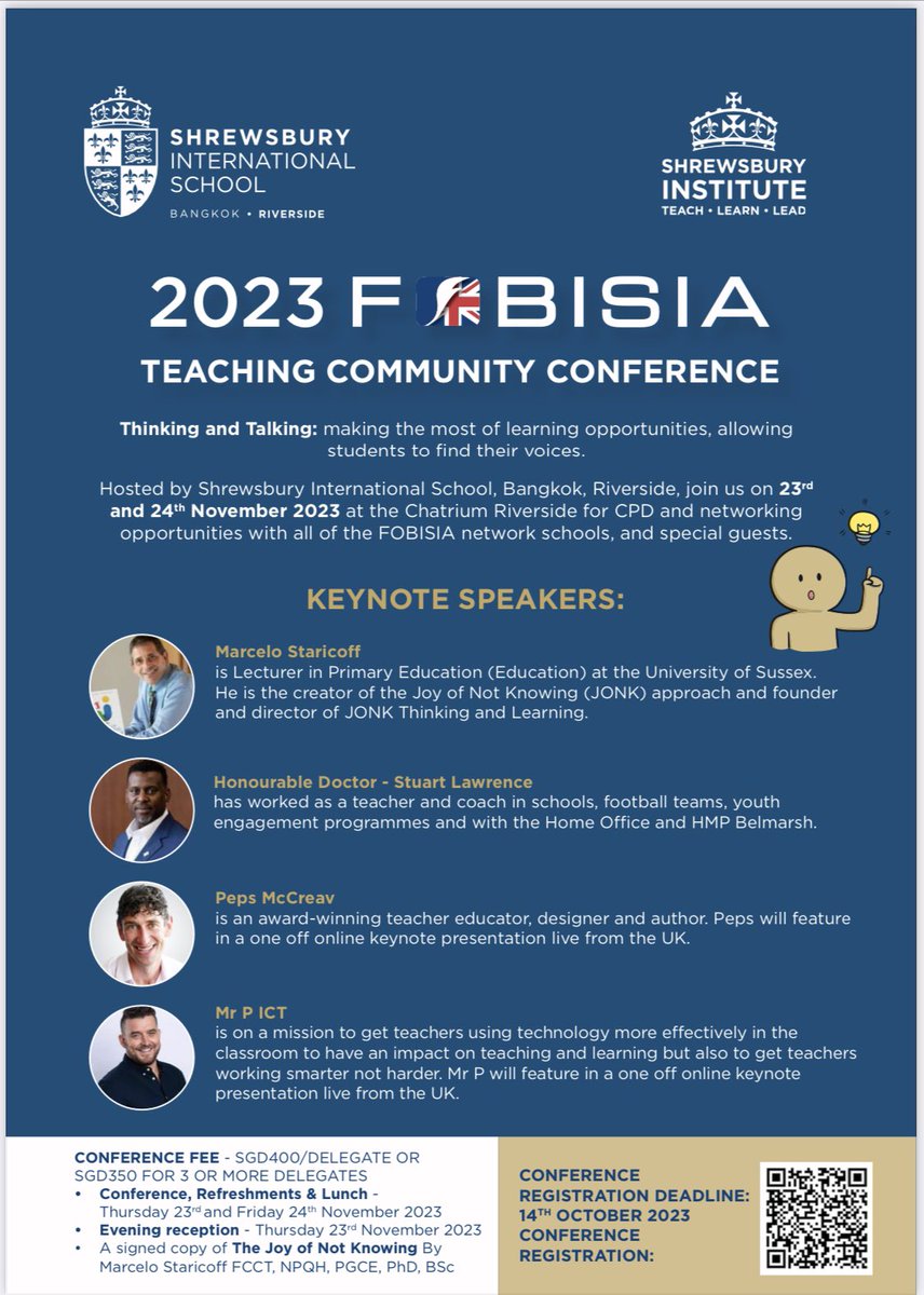 Well this is incredibly exciting 😃 <a href="/SHBriverside/">Shrewsbury Riverside</a> and <a href="/FOBISIA1/">FOBISIA</a> are proud to host the 2023 Teaching Community Conference at the <a href="/Chatrium/">Chatrium</a> hotel riverside Bangkok. More speakers announced over the coming months but delighted to have <a href="/MStaricoff/">Marcelo Staricoff FCCT, NPQH, PhD</a> <a href="/sal2nd/">Dr Stuart Lawrence Official</a> <a href="/PepsMccrea/">Peps</a> <a href="/ICT_MrP/">Mr P MBE</a> 👏