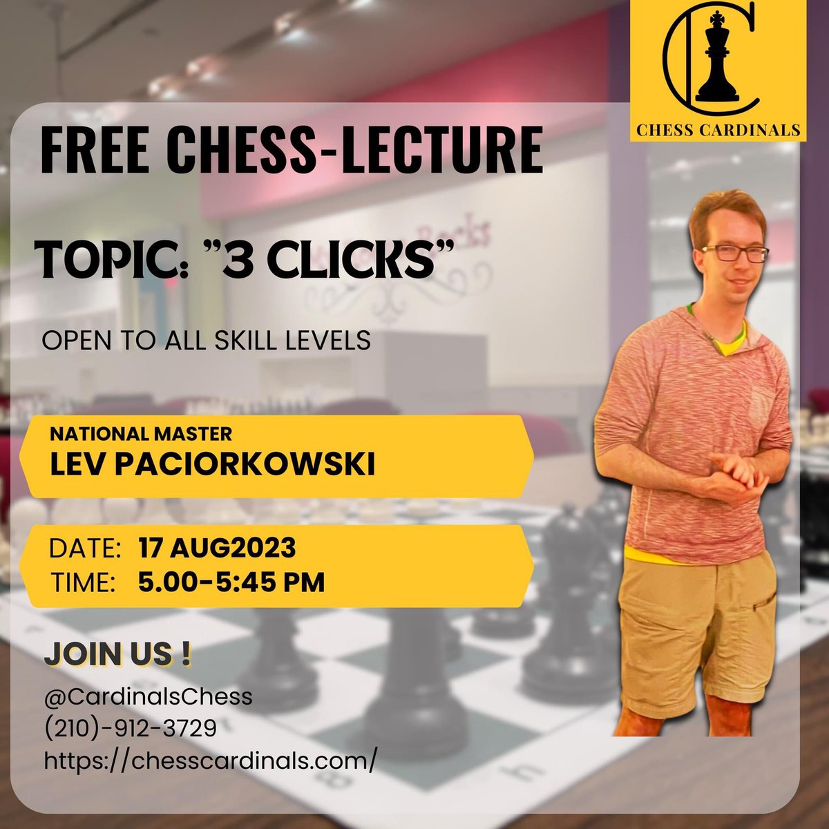 CardinalsChess's tweet image. We will have a FREE Chess Lecture on Thursday, August 17th! National Master Lev Paciorkowski will deliver a lecture on the topic: "3 Clicks". Time: 5 PM to 5:45 PM. Please RSVP by email/phone. Please spread the word #chess #stlcc #uscf #chesscardinals #lovechess #mochess