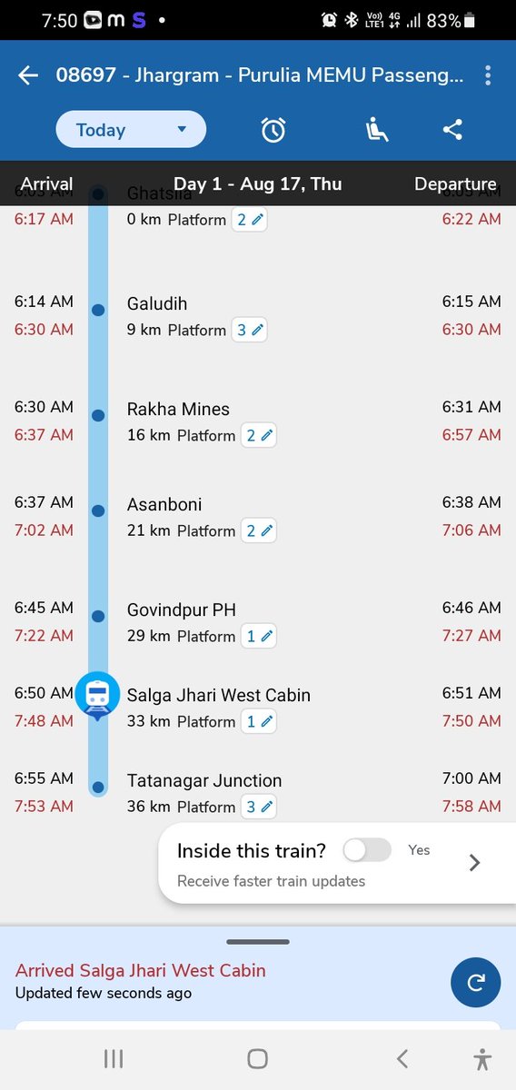 SukumarKaran1's tweet photo. @DRMCKP @DRMCKP @RailMinIndia @RailwaySeva Train no. 08697 one hour delay without any reason late in every  station and outer station look into this matter. https://t.co/AEhmWIWbE6