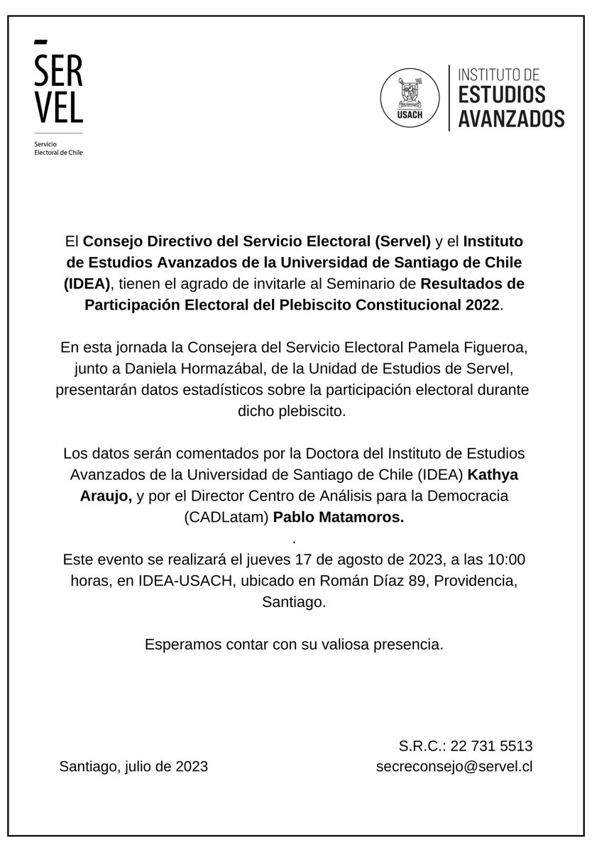 DoctamerUsach's tweet photo. Este jueves 17 de agosto, a las 10:00 en IDEA , ubicado en Román Díaz 89, Providencia https://t.co/FPa9rMzgfA