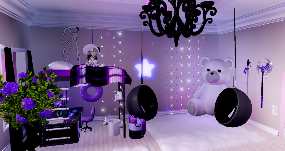 Donut_Snatcher's tweet photo. @RoyaleLunaa My very dark-fairy inspired dorm. Bonus high graphic pic! (rip my pc) Btw my budget was around 200k and I still want to add a few things. https://t.co/Moaur3J9Oa