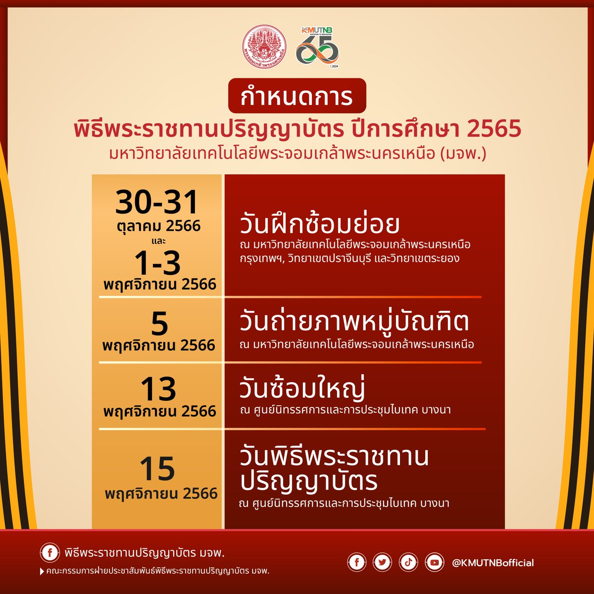 กำหนดการพิธีพระราชทานปริญญาบัตร มจพ. ปีการศึกษา 2565
#kmutnb #มจพ #65ปีมจพ #kmutnb65th #ReinvenThink