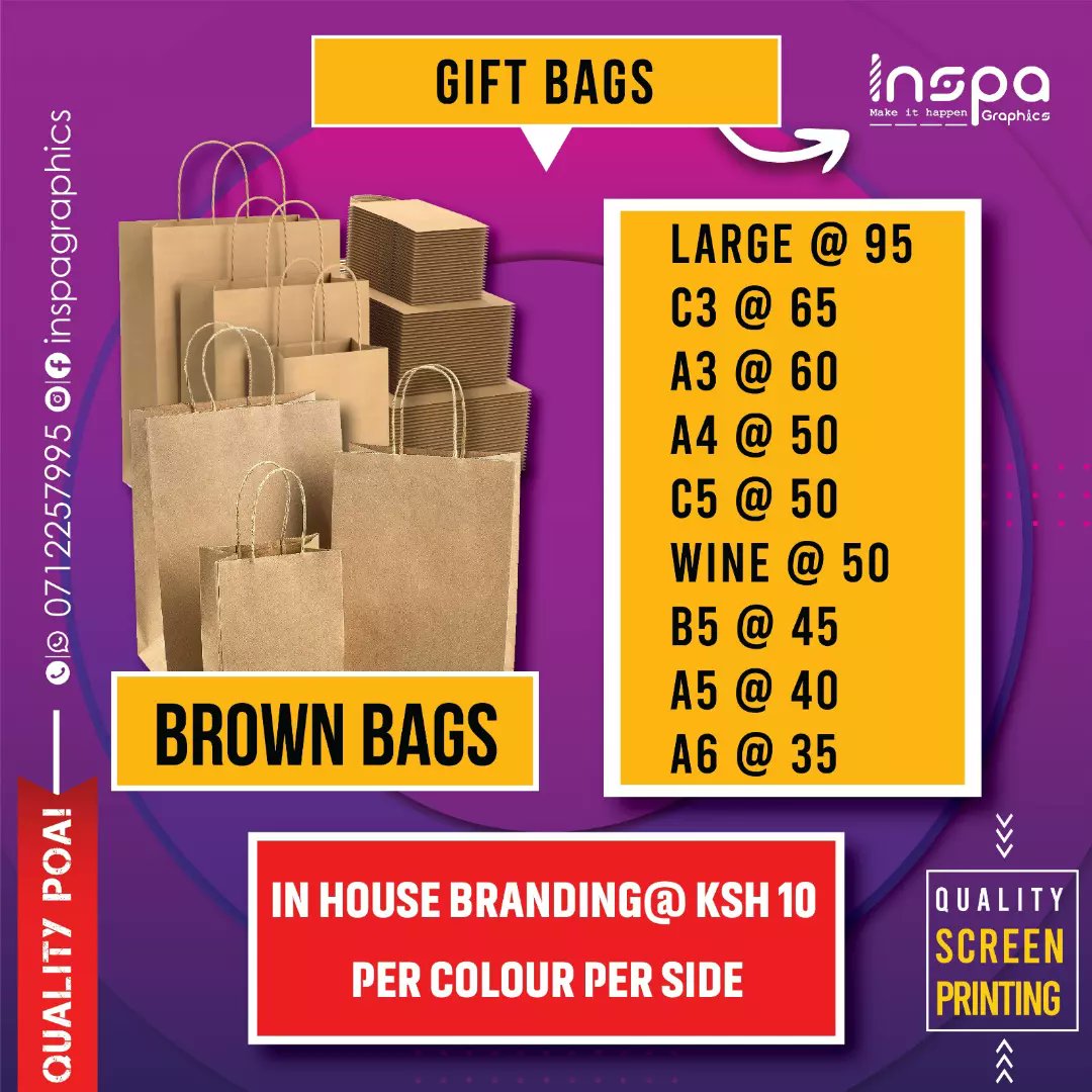 Did you know that giving an image to your business can elevate your brand 10X??

At INSPA GRAPHICS we elevate businesses by creating brand Identity. 

DESIGN, PRINT & BRANDING ALL DONE IN-HOUSE. CONTACT US TODAY 0712257995 #branding #packagingbag #packagingdesign #giftbags